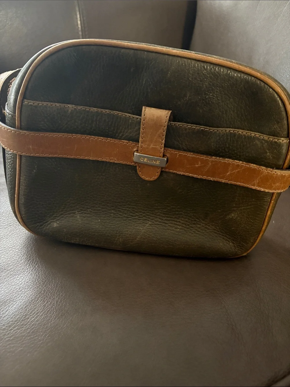 Vintage Celine Olive Green Pebbled Leather Messenger with Tan Trim